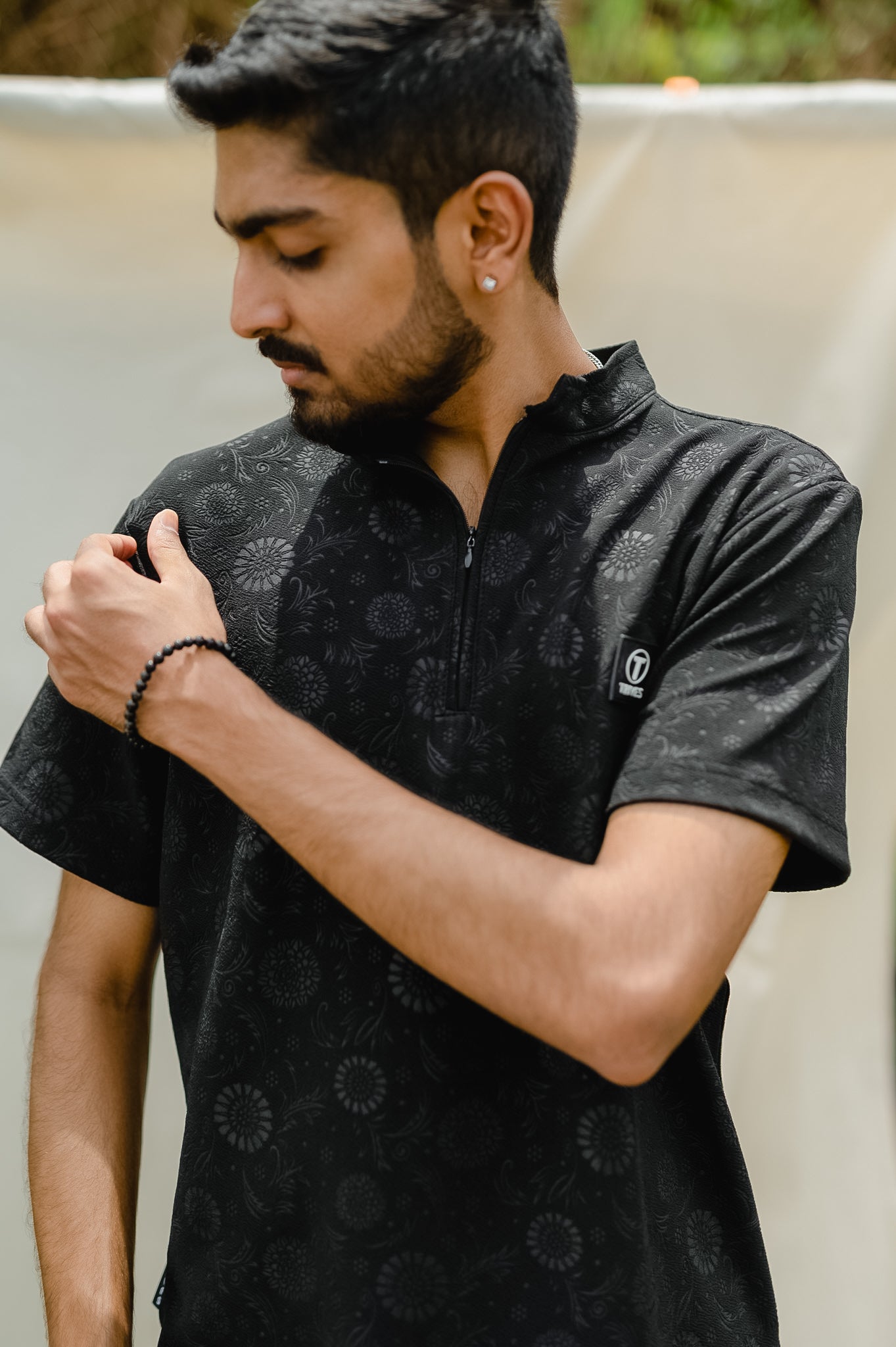 TRIVES Floral High-neck Zipper T-shirt - men side looking