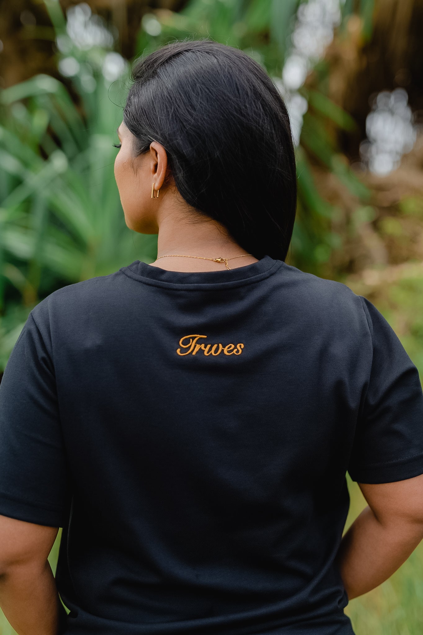 TRIVES Two Faces Golden Embroidered T-shirt - back  - women wearing