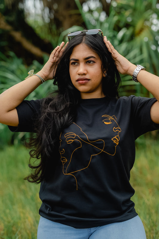 TRIVES Two Faces Golden Embroidered T-shirt - wearing front