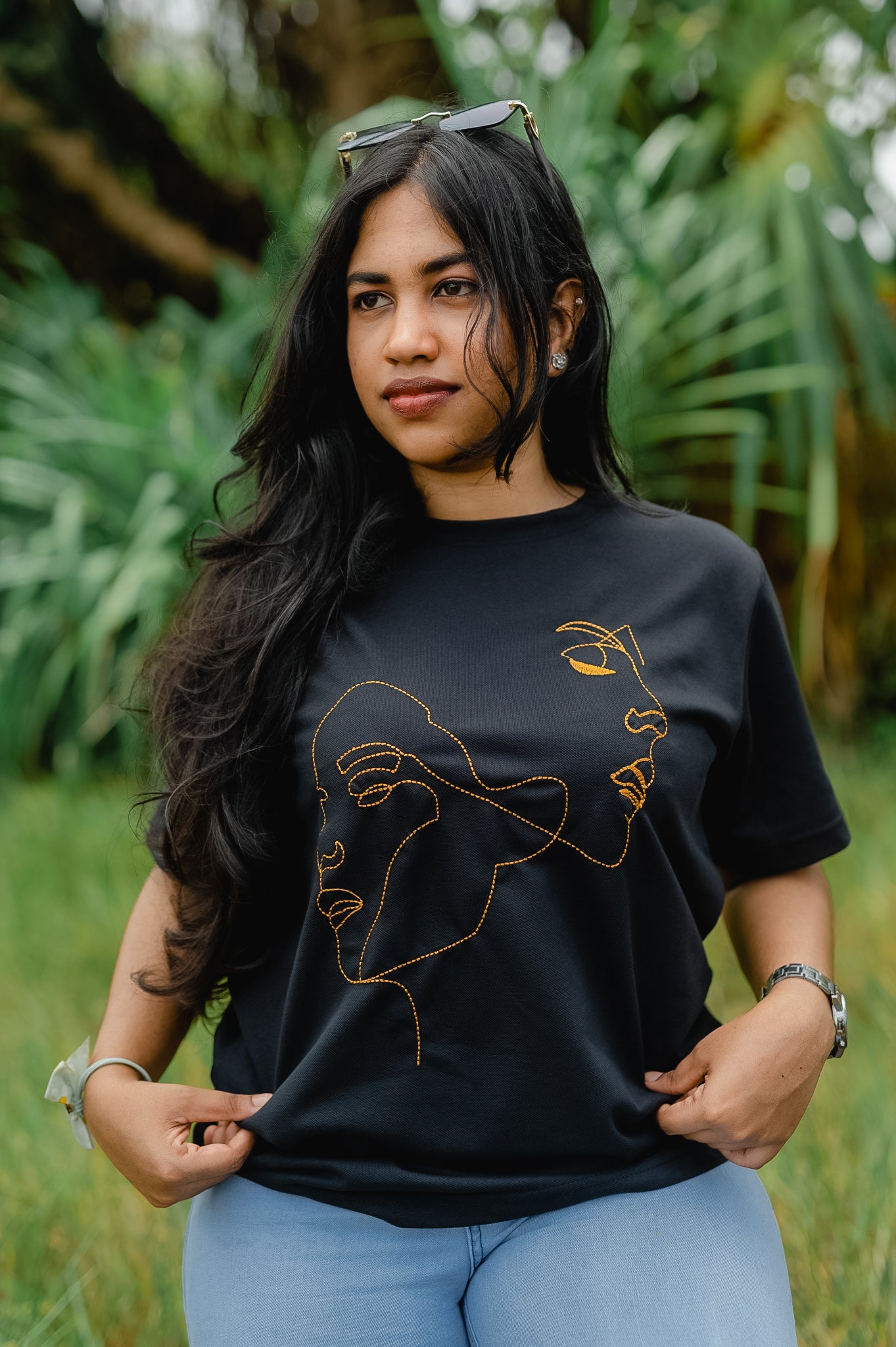 TRIVES Two Faces Golden Embroidered T-shirt - women wearing front