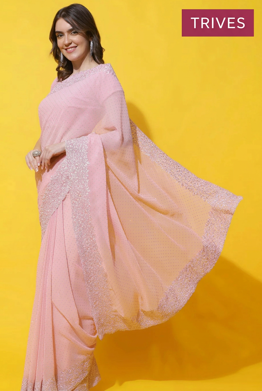 TRIVES little miss pinky saree, front view